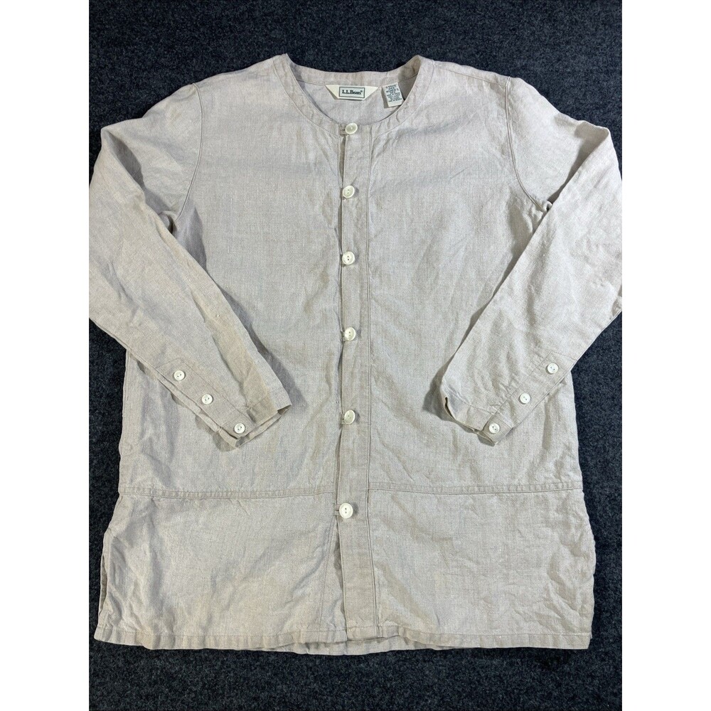 LL Bean Womens Medium Linen Shirt Collarless Button Down Blouse Oatmeal Beige M